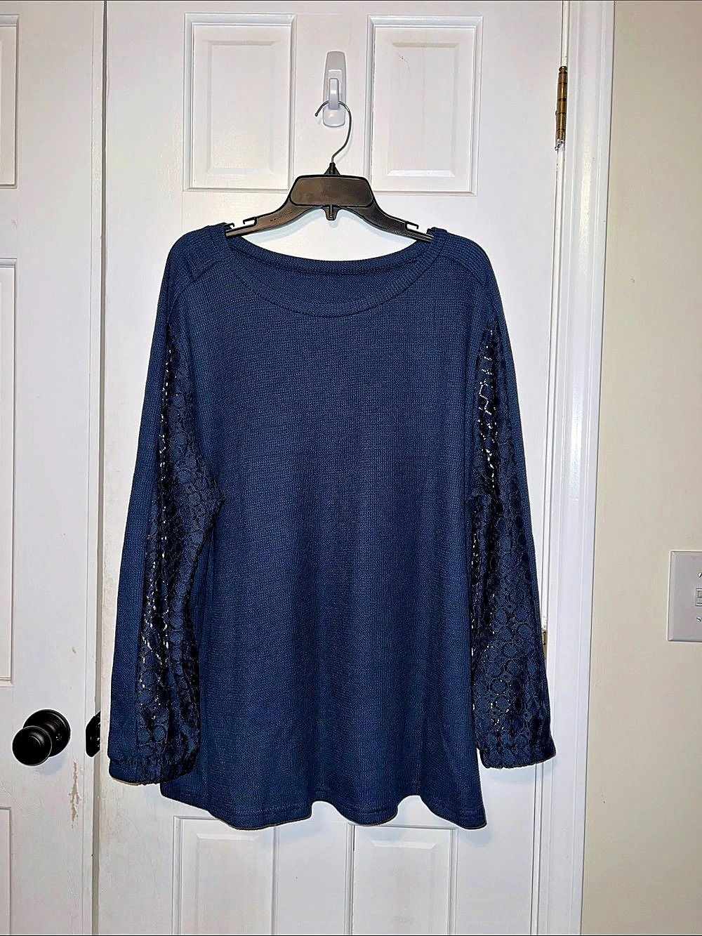 Women's Long Sleeve Lace Splicing Waffle Knit Top Lace Splicing Waffle